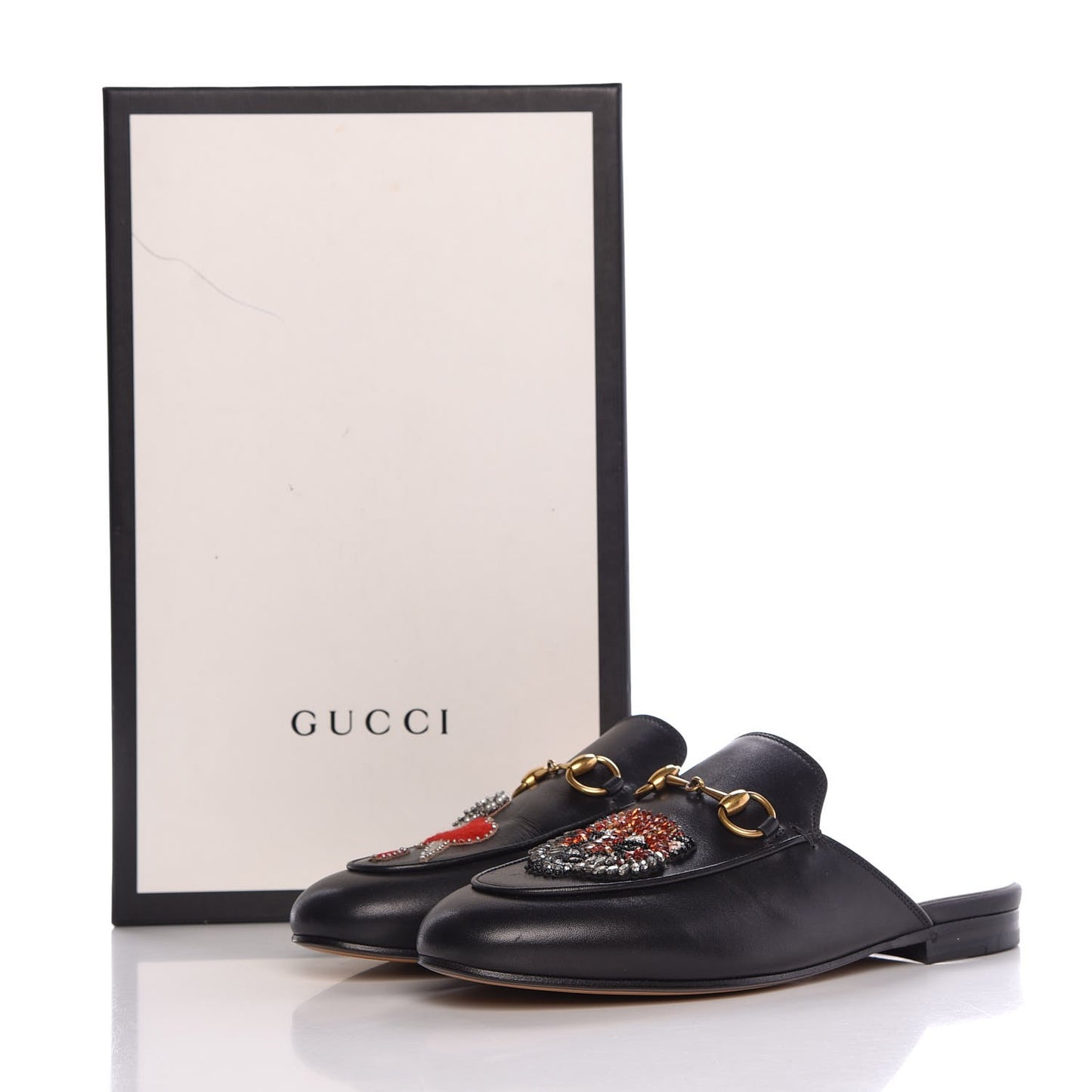 Calfskin Crystal Tiger Embroidered Womens Princetown Slippers 36 Black