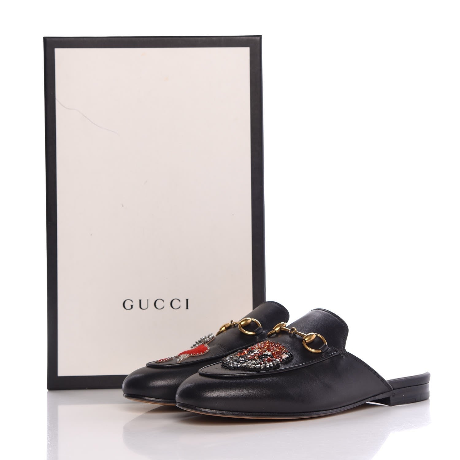 Gucci Calfskin Crystal Tiger Embroidered Womens Princetown Slippers 36 Black 9 of 9