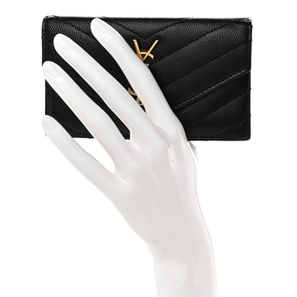 Saint Laurent Grain De Poudre Matelasse Chevron Monogram Compact Wallet Black 2 of 9