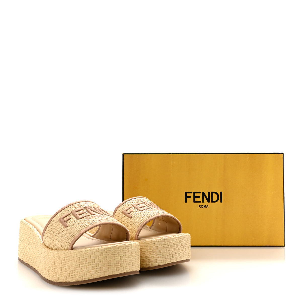 Fendi Raffia Womens FF Sunshine Flatform Slide Sandals 39 Beige 10 of 10