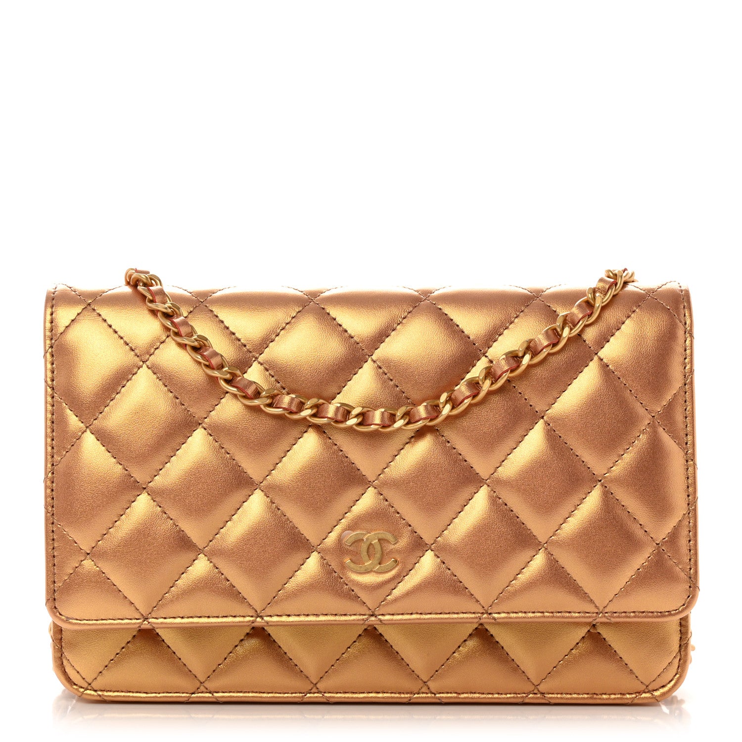 Chanel Metallic Lambskin Quilted Wallet On Chain WOC Golden 1 of 12