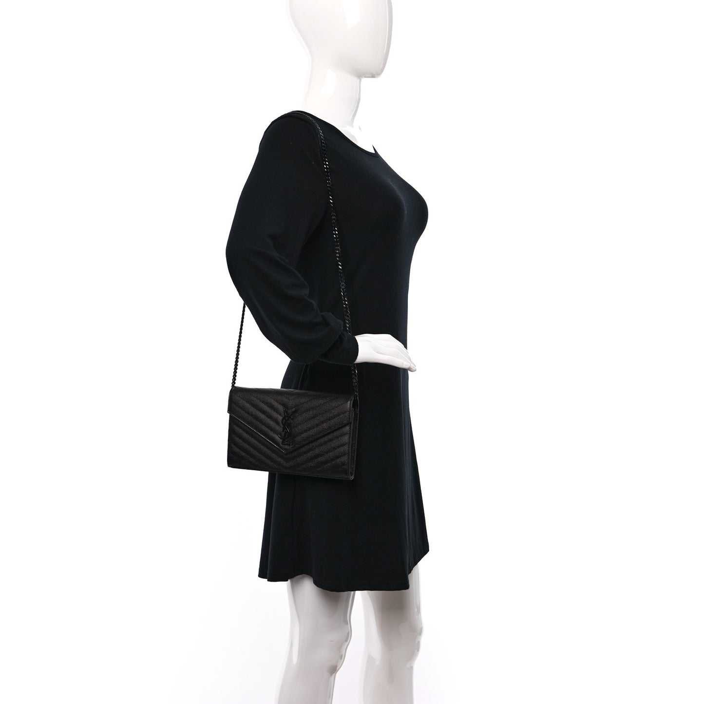 Grain De Poudre Matelasse Chevron Monogram Monochrome Chain Wallet Black
