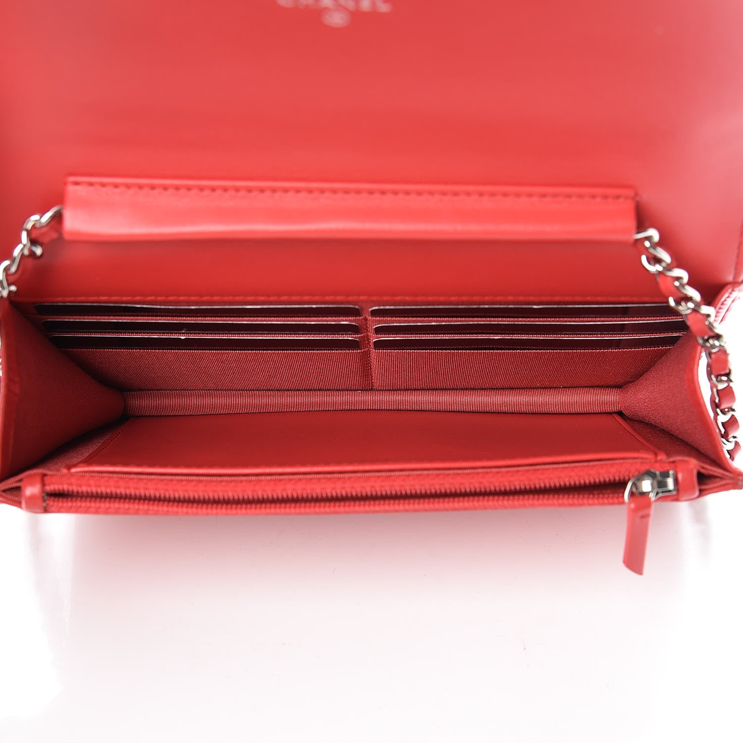 Chanel Lambskin Chevron Quilted Studded Wallet On Chain WOC Light Red 5 of 15