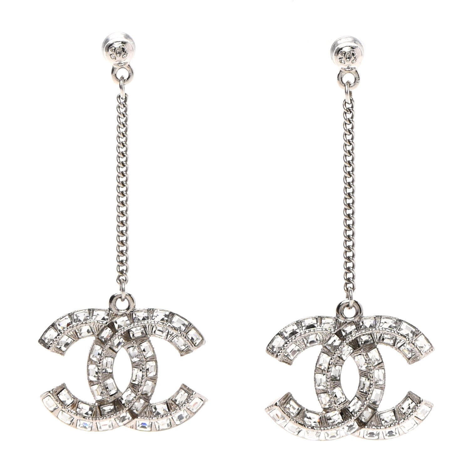 Chanel Baguette Crystal CC Drop Earrings Silver 1 of 5