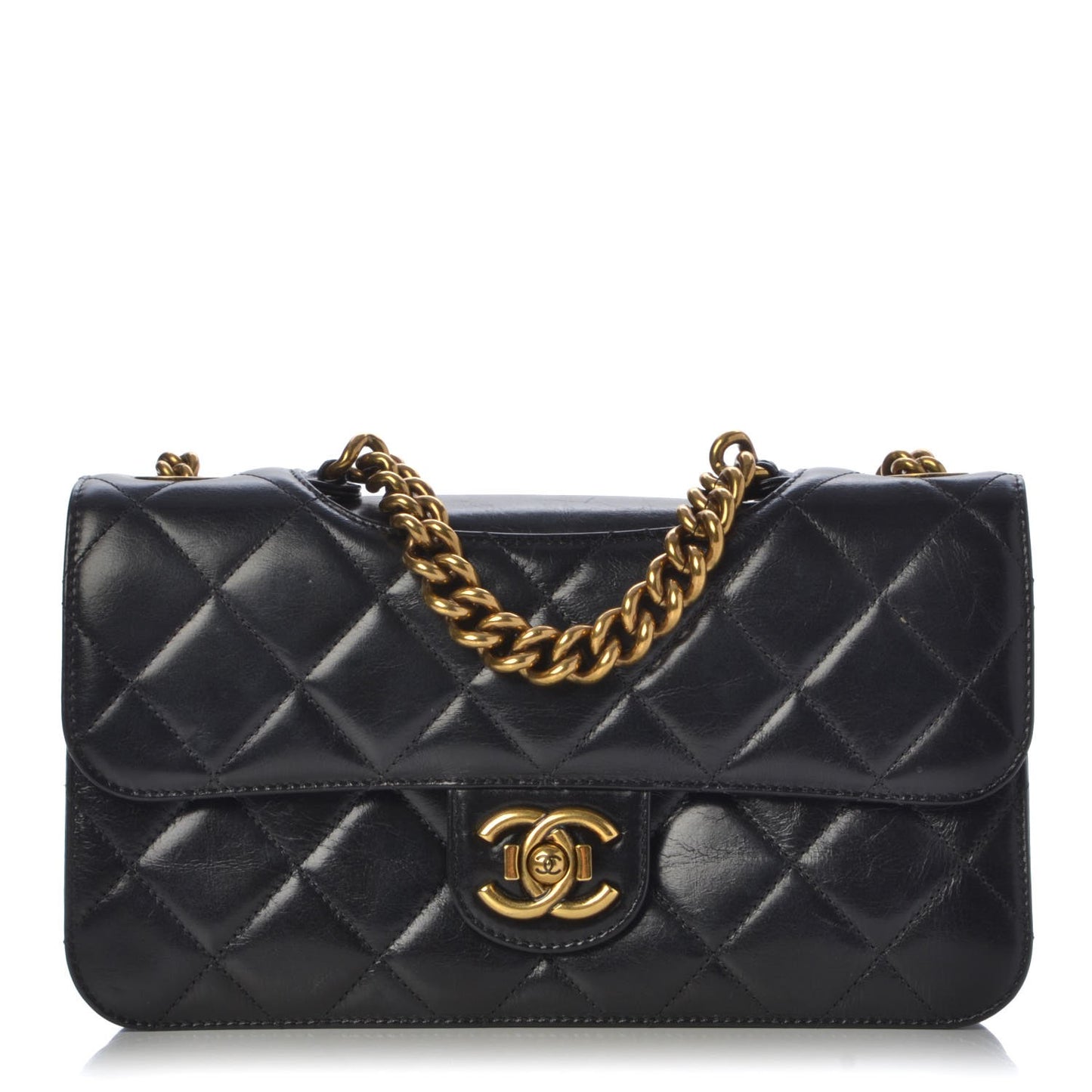 Glazed Calfskin Quilted Medium Perfect Edge Flap Black