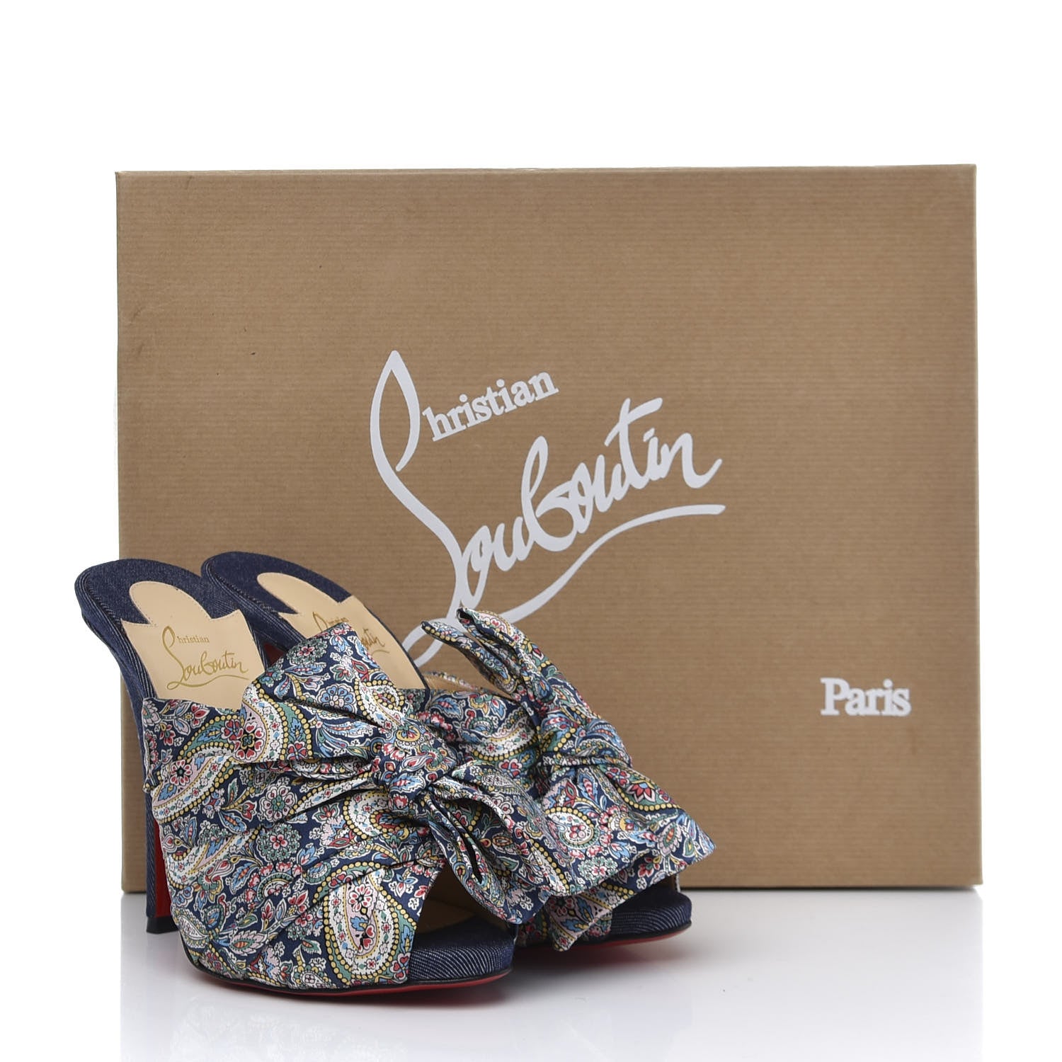 Christian Louboutin Satin Paisley Denim Moniquissima 120 Platform Slide Sandals 37 Positano Blue 10 of 10