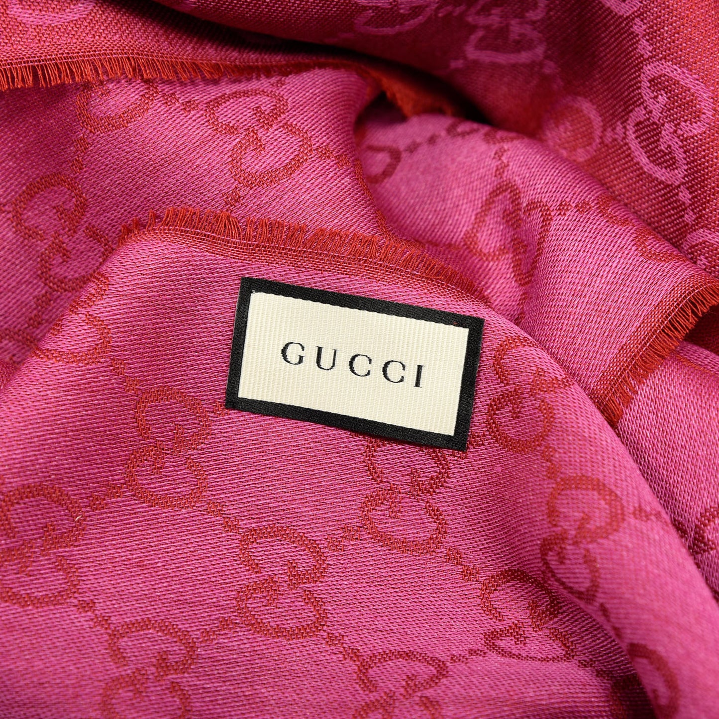 Wool Silk GG Monogram GGWeblong Fringe Scarf Shawl Red Pink