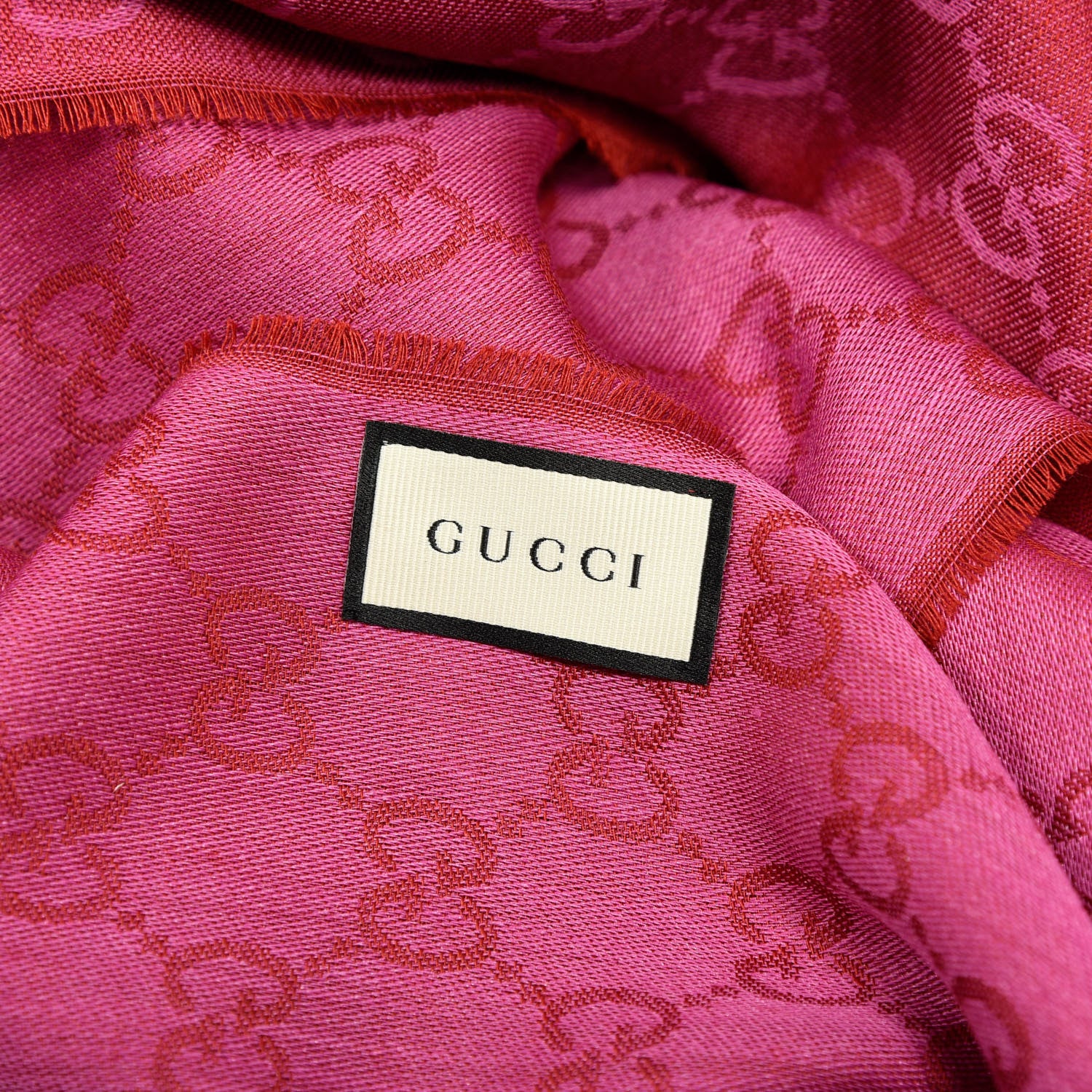 Gucci Wool Silk GG Monogram GGWeblong Fringe Scarf Shawl Red Pink 3 of 3