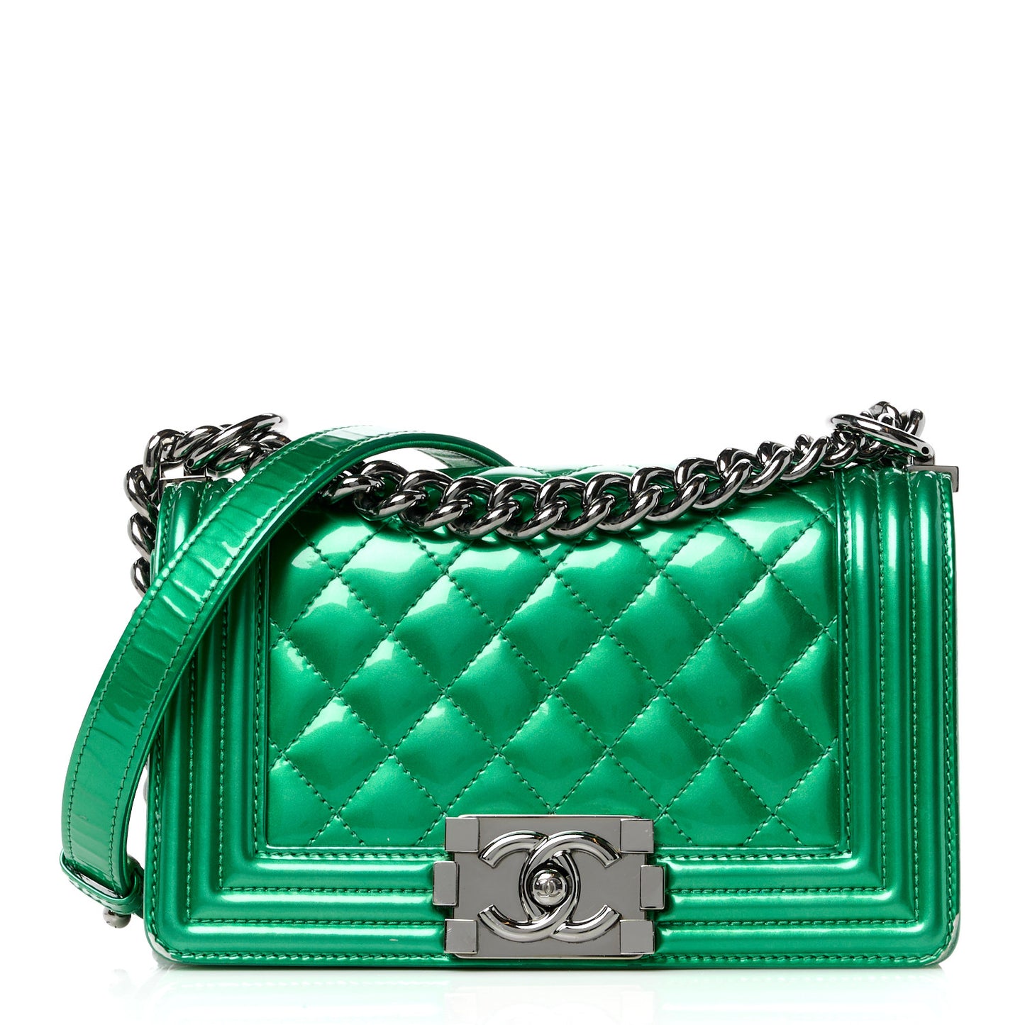 Metallic Patent Calfskin Quilted Small Boy Flap Green