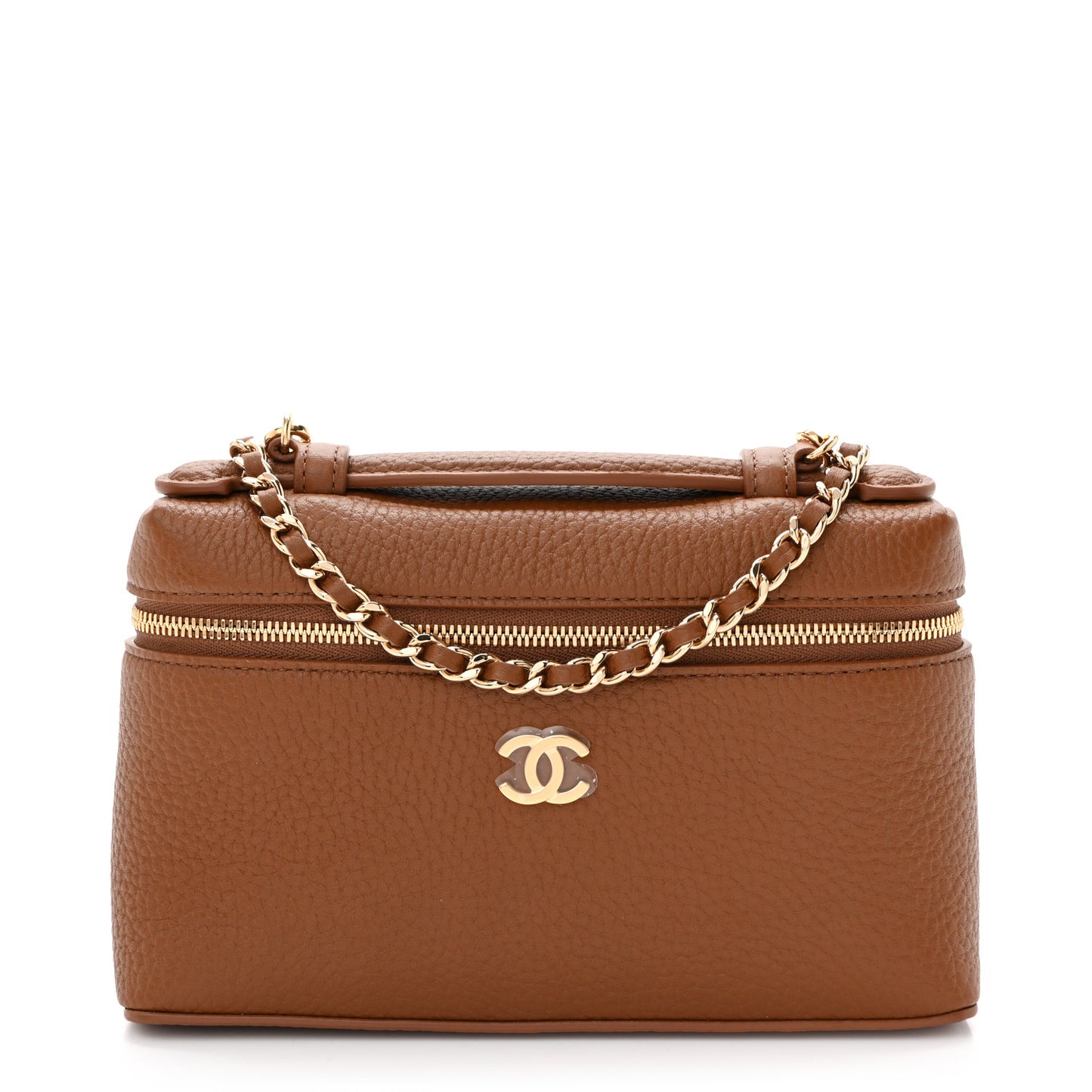 Grained Calfskin Top Handle Slim Vanity Case With Chain Camel