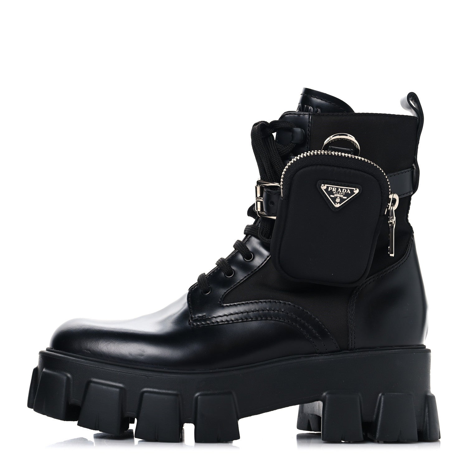 Prada Spazzolato Rois Nylon Metal Triangle Logo Monolith Pouch Pocket 55mm Boots 38.5 Black 1 of 9