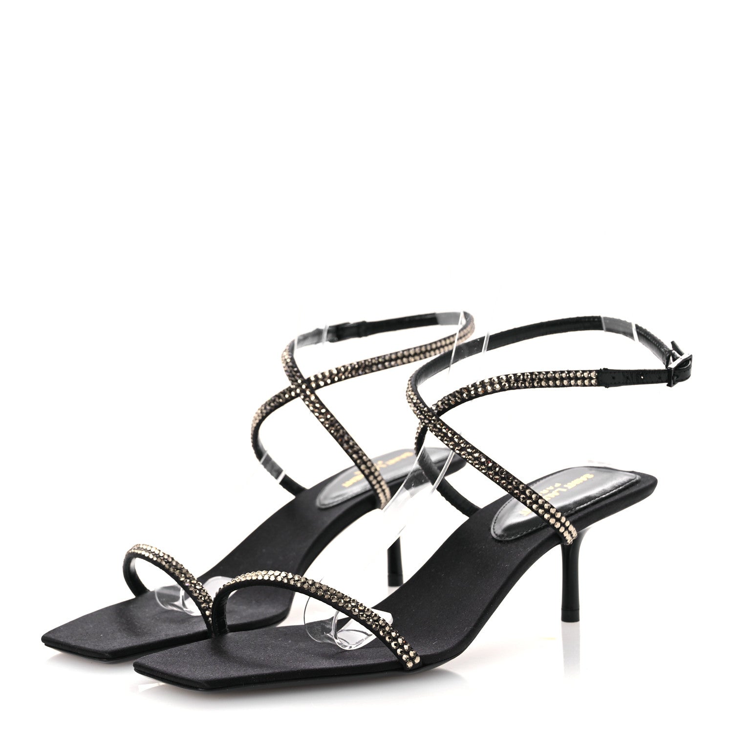 Saint Laurent Crepe Satin Strass Baliqua 55 Ankle Strap Sandals 36.5 Black Greige 3 of 11