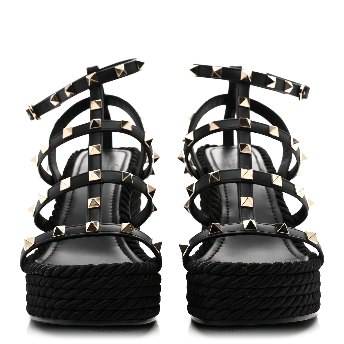 Calfskin Rockstud Ankle Strap Torchon Espadrille Caged 25/95mm Wedge Sandals 37 Black