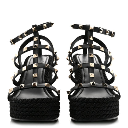 Valentino Garavani Calfskin Rockstud Ankle Strap Torchon Espadrille Caged 25/95mm Wedge Sandals 37 Black 3 of 9