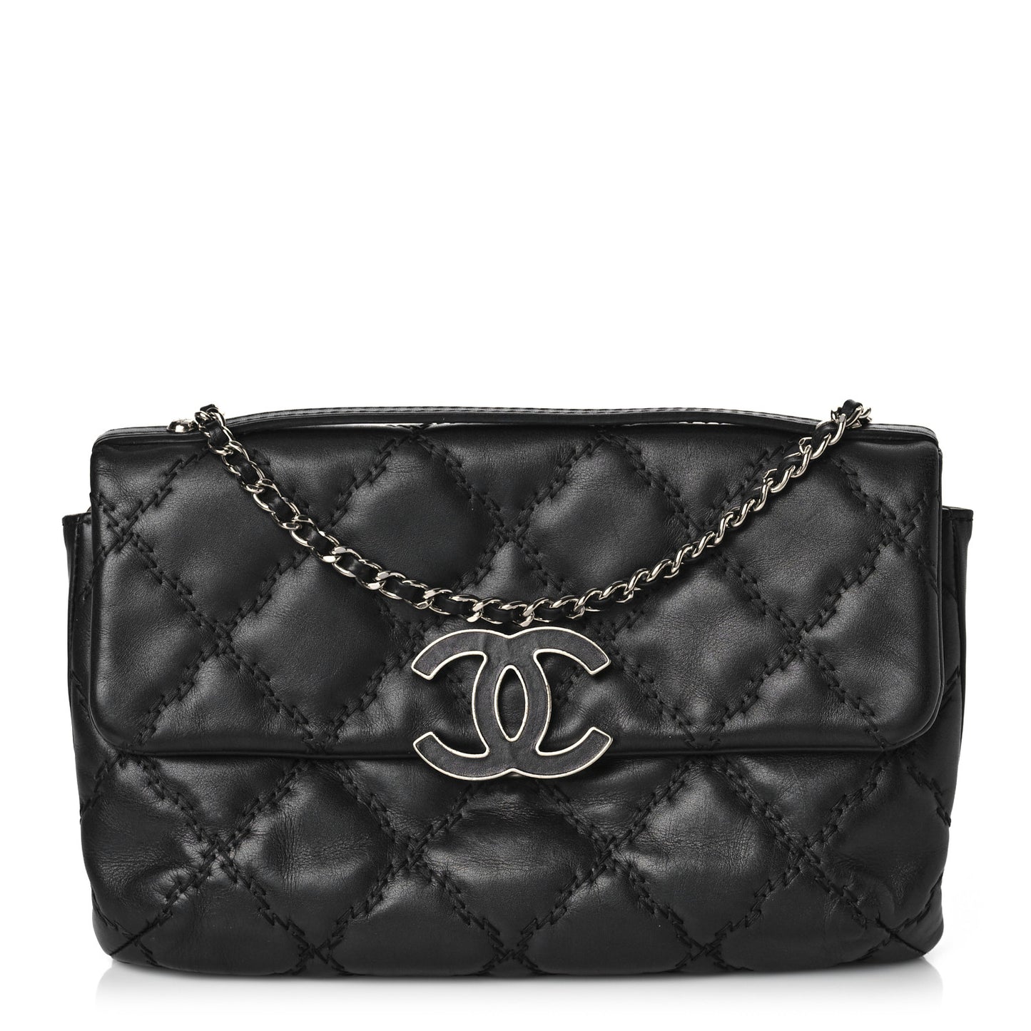 Calfskin Quilted Double Stitch Hamptons Clutch with Chain Black