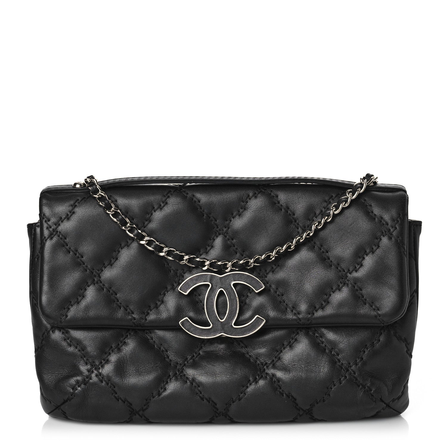 Chanel Calfskin Quilted Double Stitch Hamptons Clutch with Chain Black 1 of 11