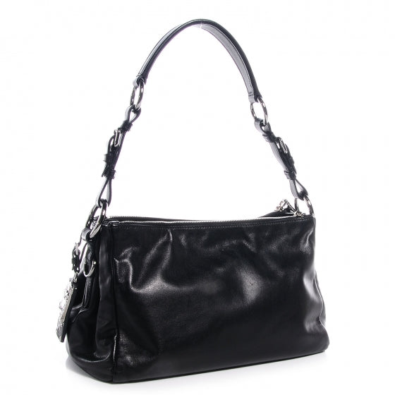 Soft Calf Double Zip Shoulder Bag Black