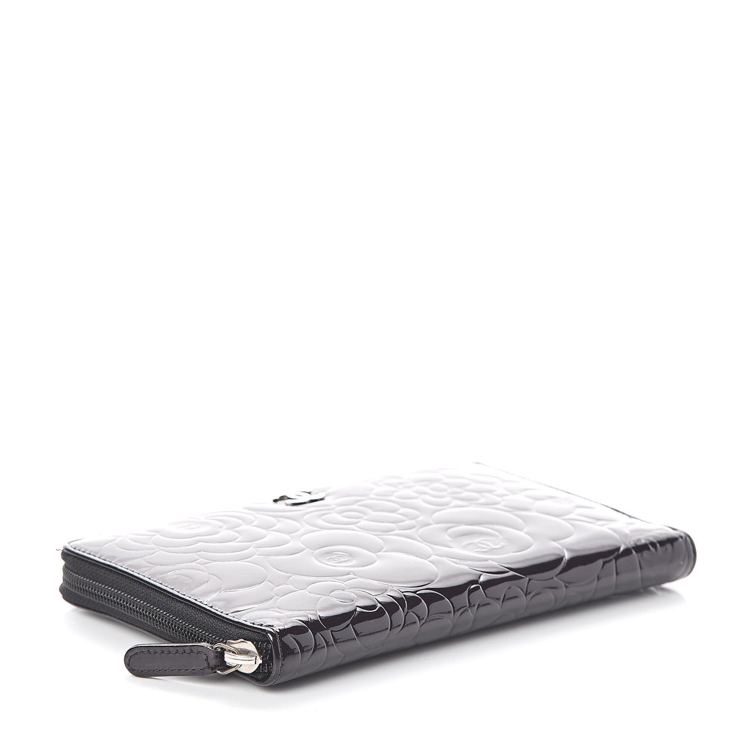 Patent Camellia Embossed Large Zip Around Gusset Wallet Black