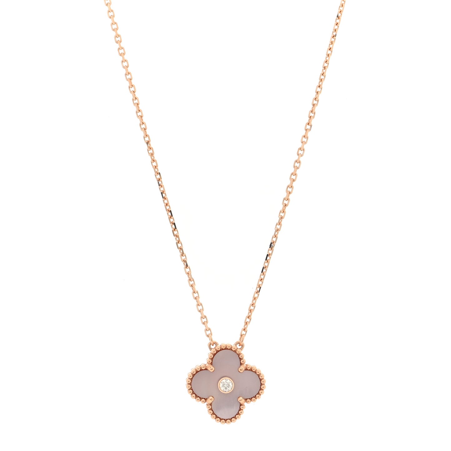 18K Rose Gold Diamond Pink Mother of Pearl Vintage Alhambra Pendant Necklace