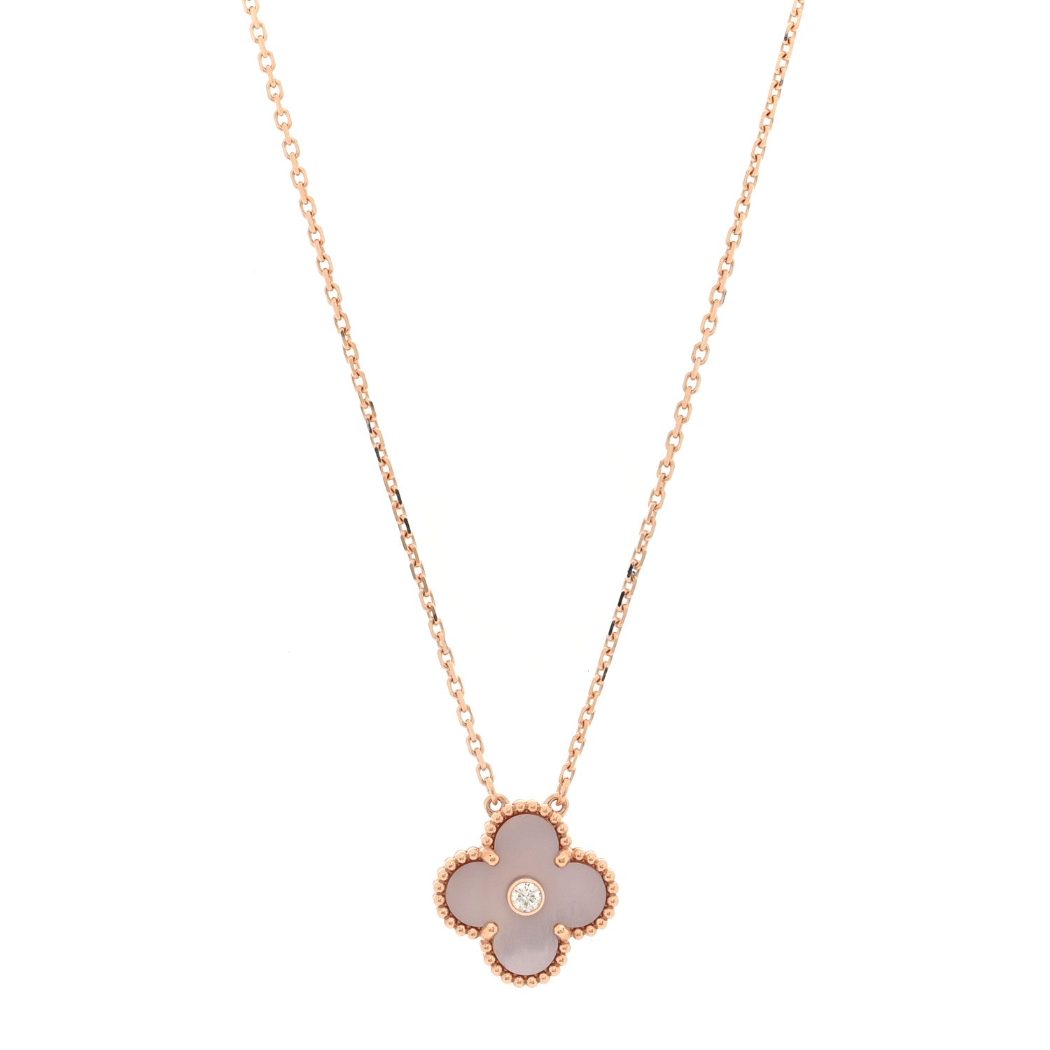 Van Cleef & Arpels 18K Rose Gold Diamond Pink Mother of Pearl Vintage Alhambra Pendant Necklace 1 of 5