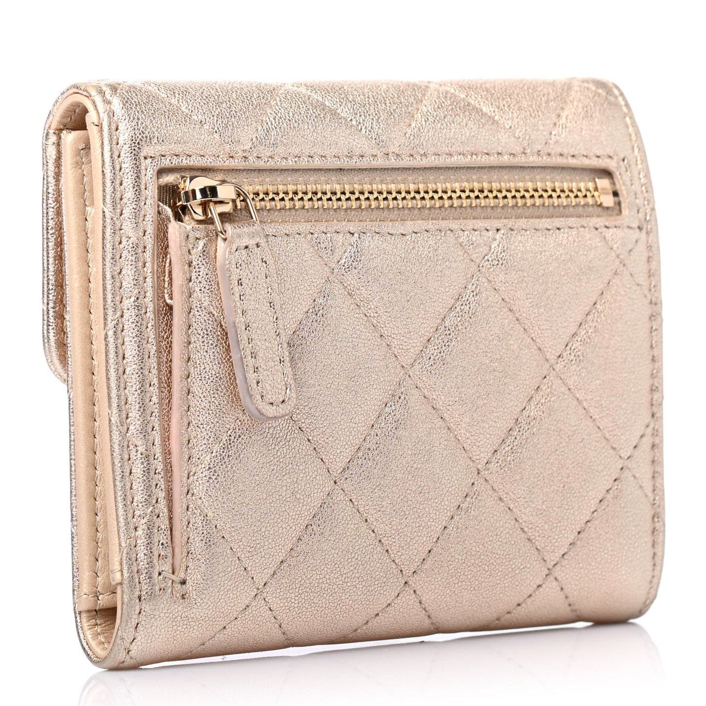 Metallic Lambskin Quilted Compact Flap Wallet Gold