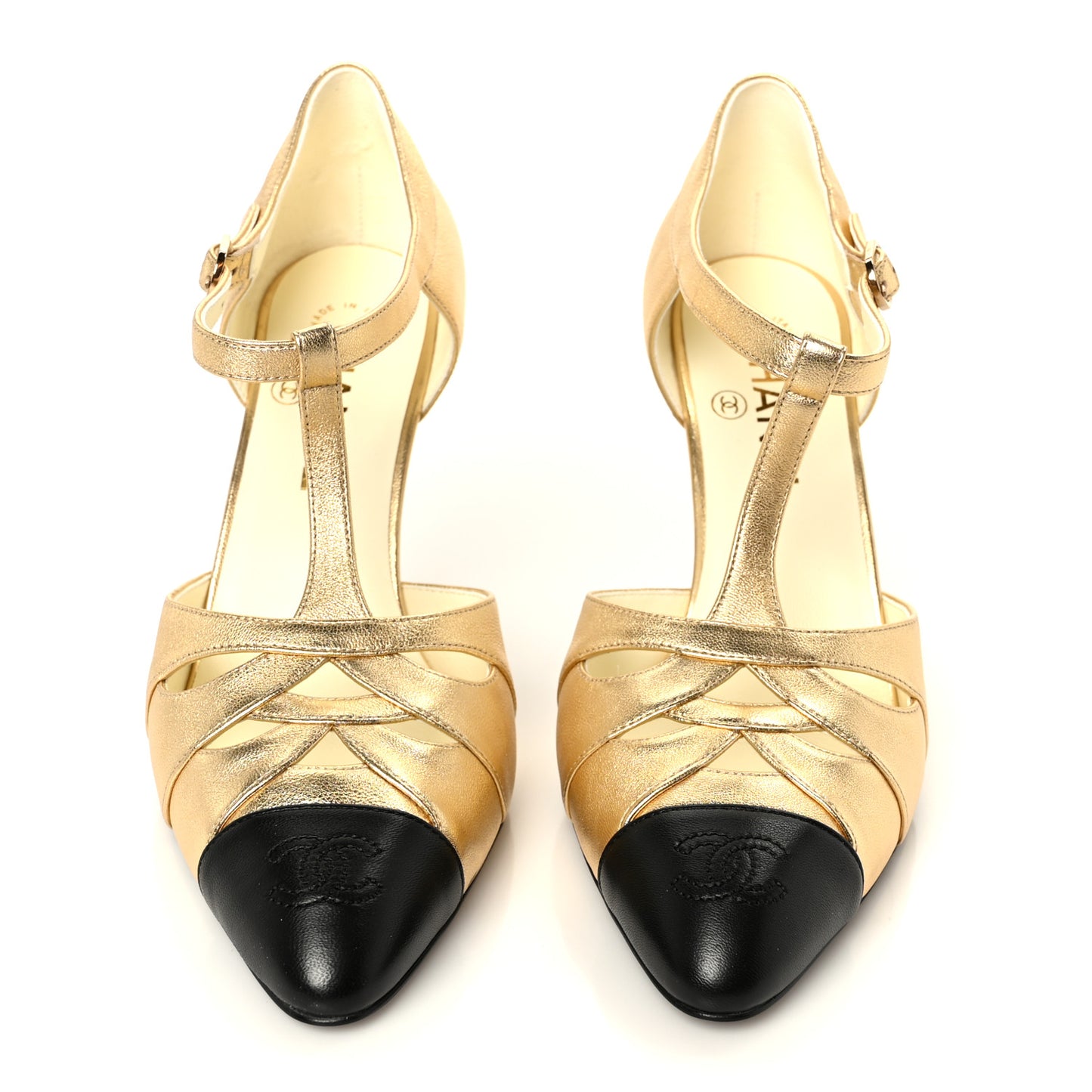 Laminated Lambskin Cap Toe CC Mary Jane Pumps 38 Gold Black