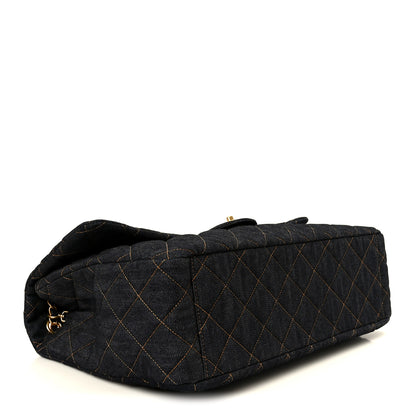 Chanel Denim Quilted XXL Travel Flap Bag Dark Blue Orange 4 of 11