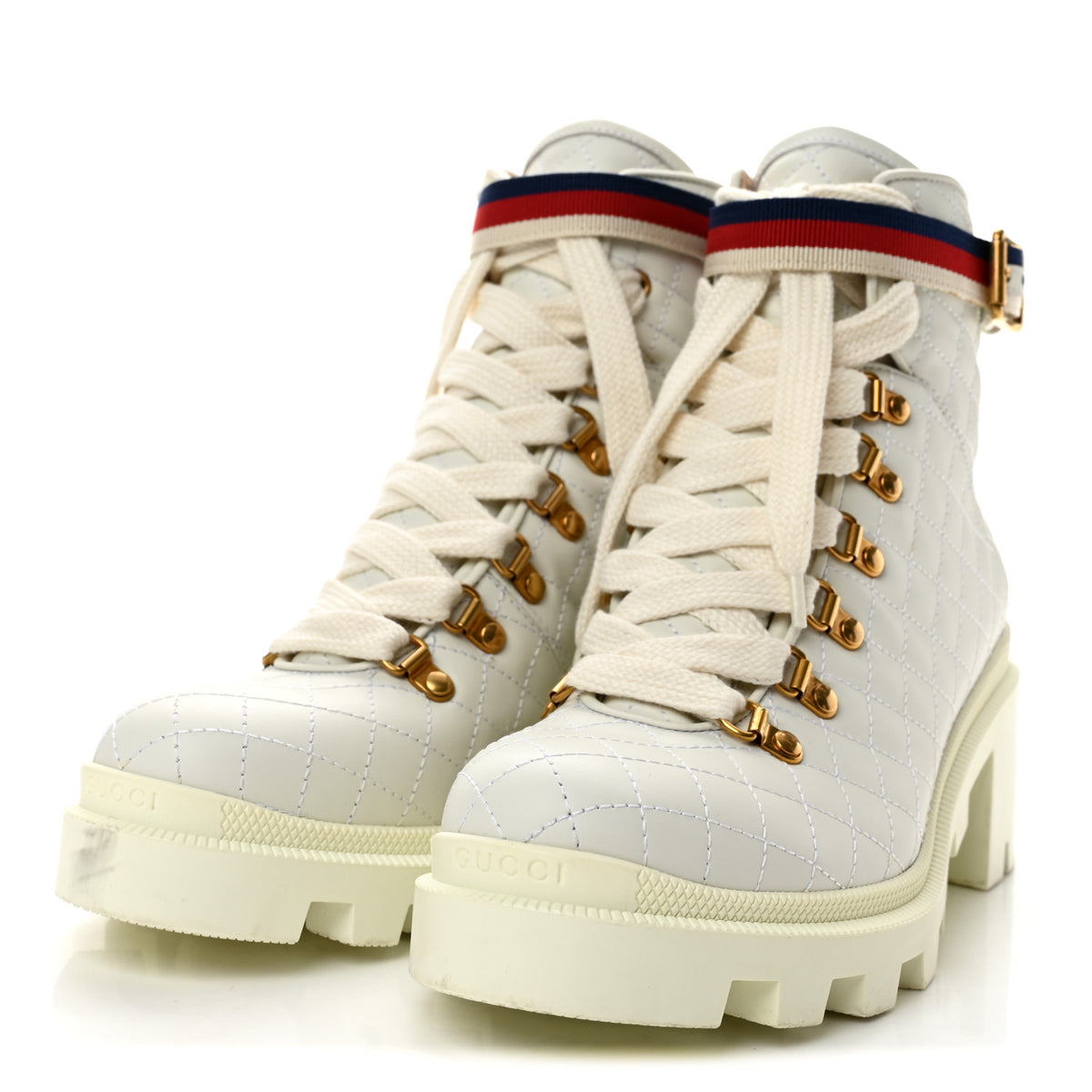 Calfskin Quilted Sylvie Web Lace Up Combat Ankle Boots 39 White