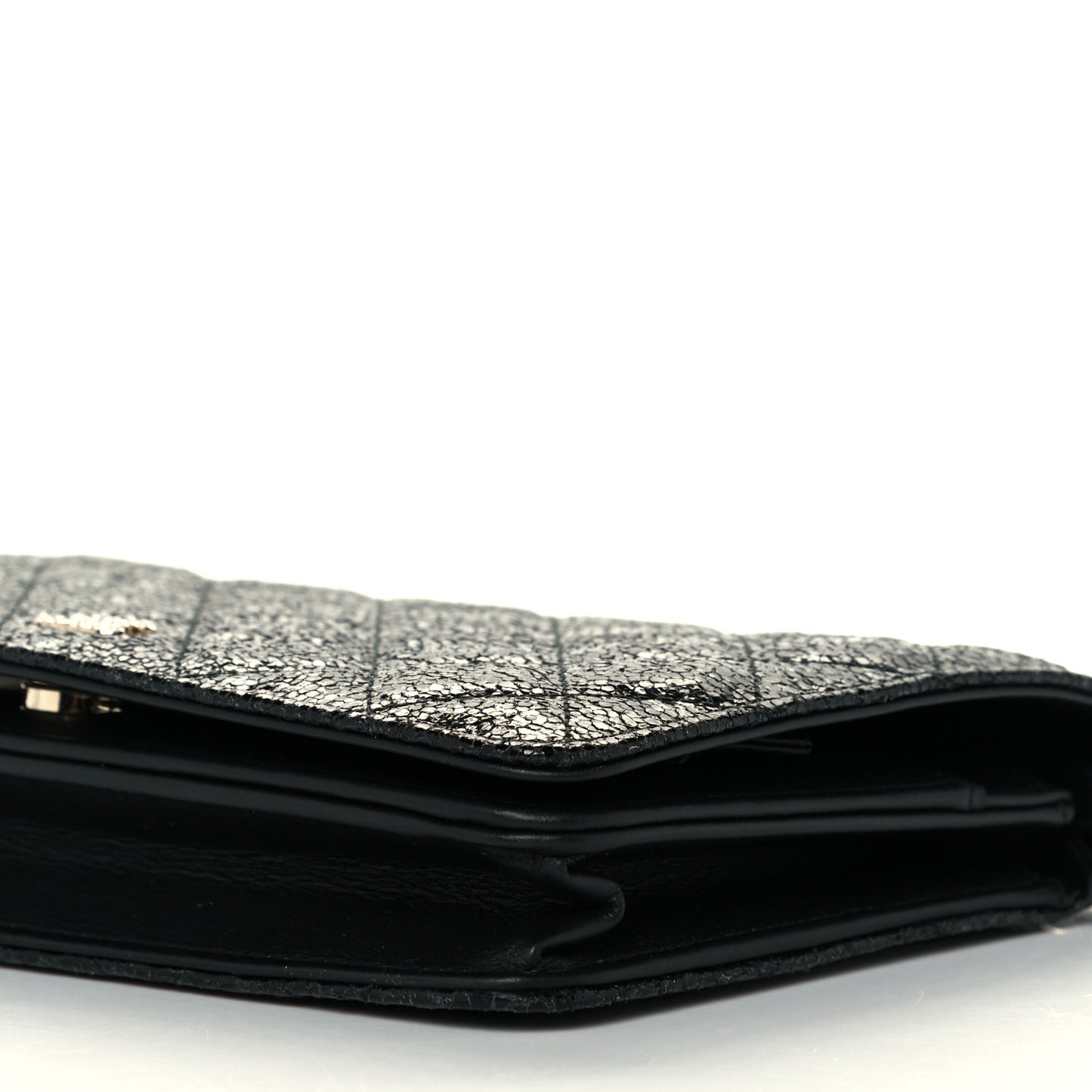 Crackled Patent Calfskin Quilted Pearl Wallet On Chain WOC Black