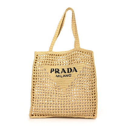 Prada Yarn Raffia Effect Crochet Logo Embroidered Tote Bag Naturale 1 of 6
