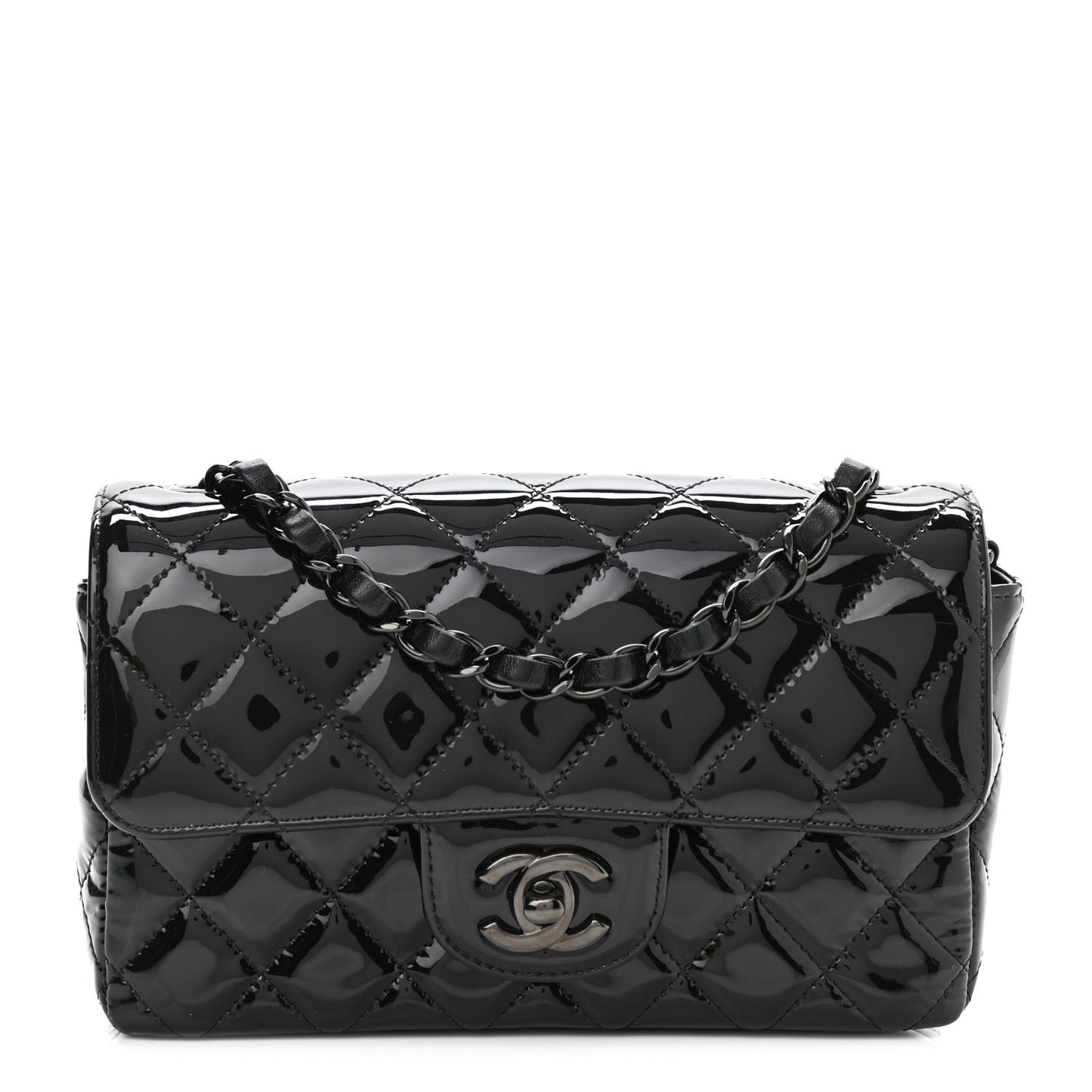 Patent Calfskin Quilted Mini Rectangular Flap So Black