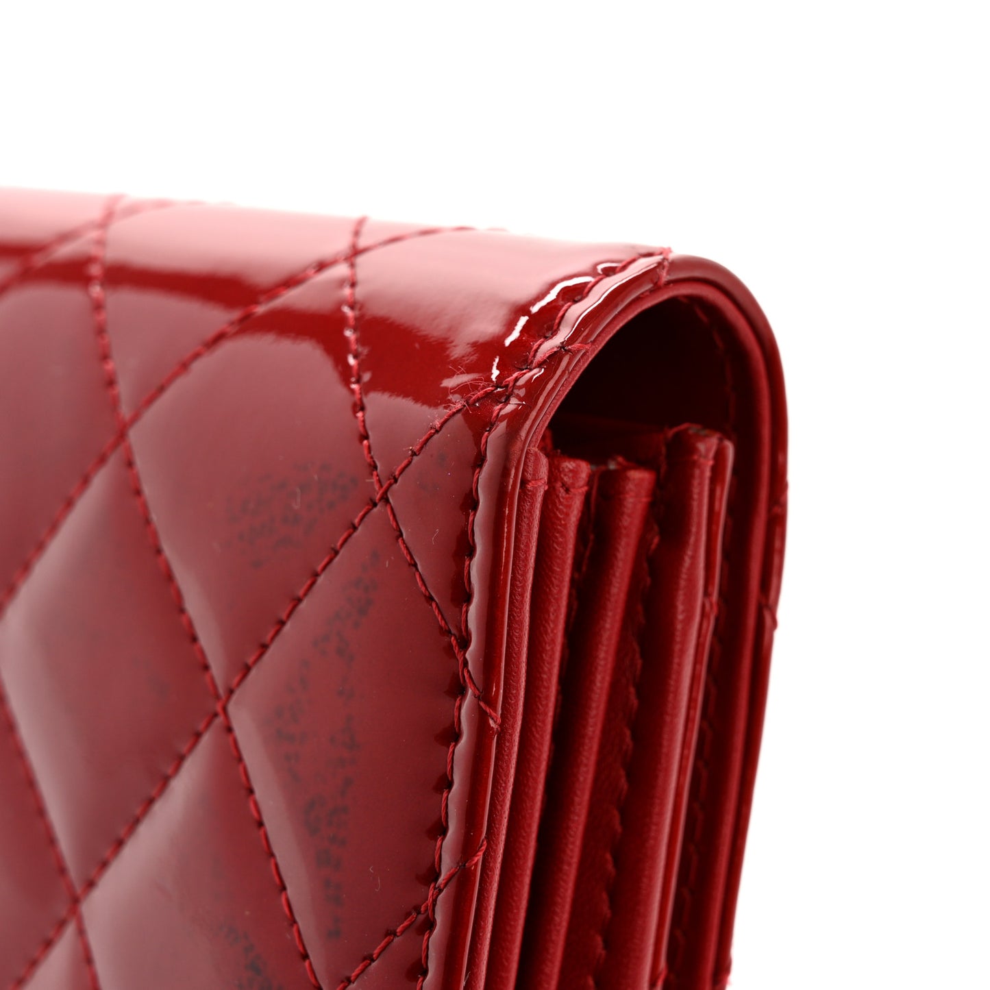 Patent Calfskin Quilted Large Brilliant Flap Wallet Dark Red