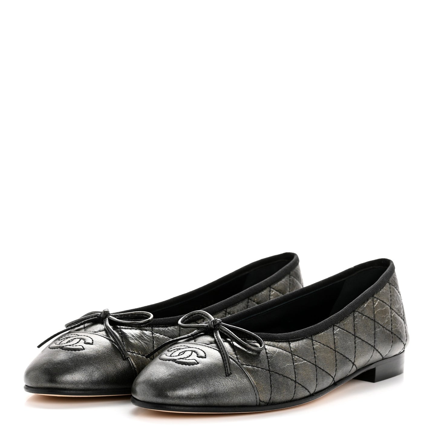 Metallic Aged Calfskin Quilted CC Cap Toe Ballerina Flats 38.5 Dark Silver