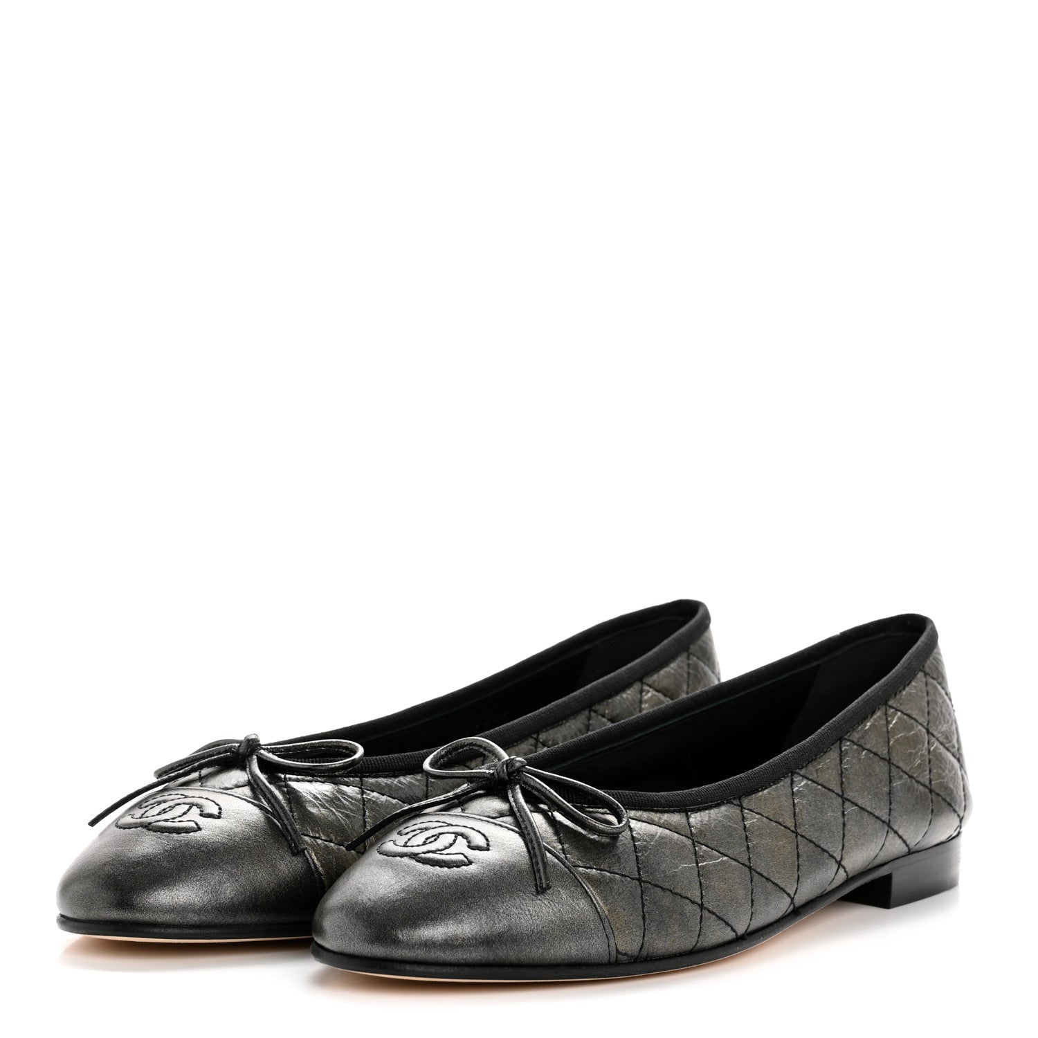 Chanel Metallic Aged Calfskin Quilted CC Cap Toe Ballerina Flats 38.5 Dark Silver 4 of 10