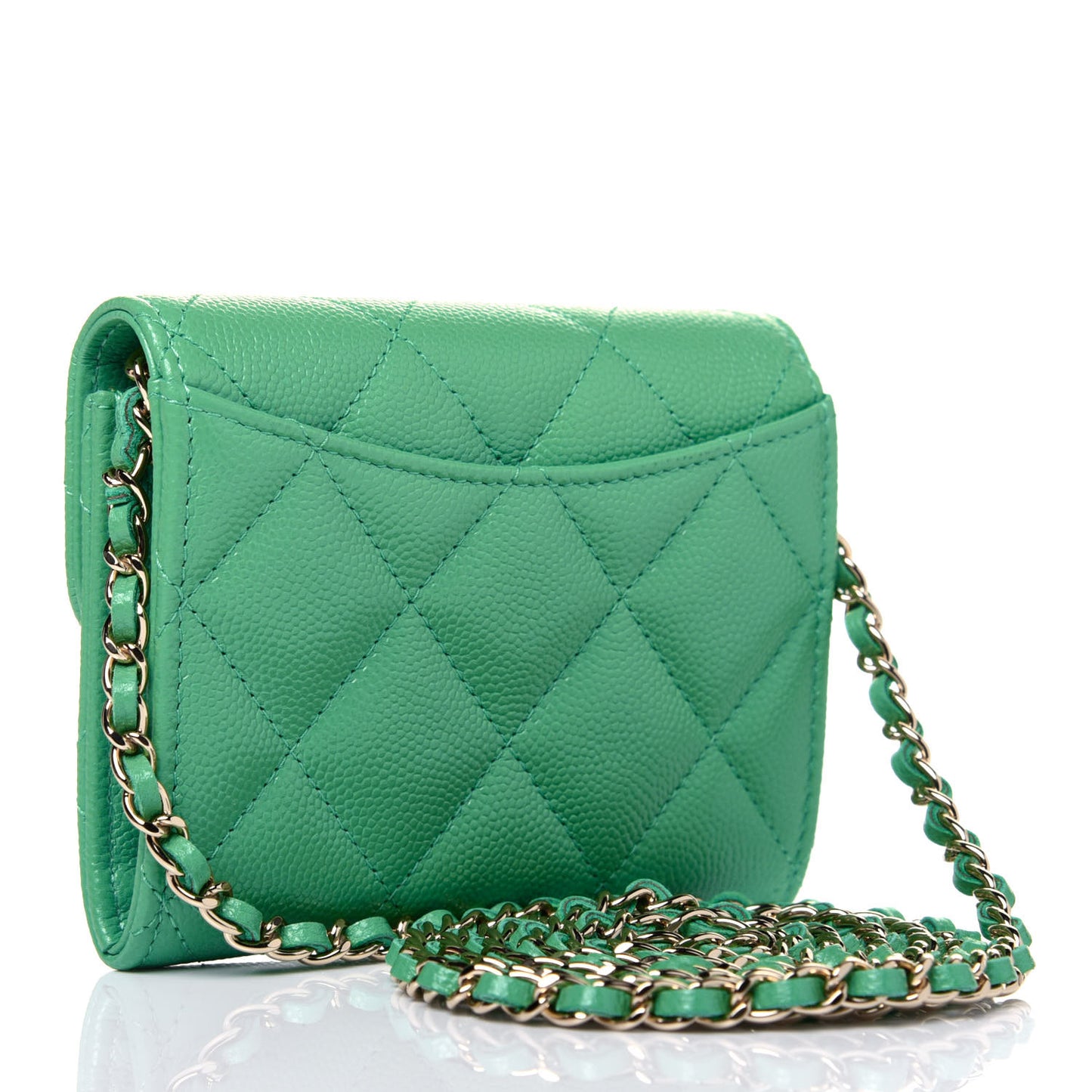 Caviar Quilted Flap Card Holder On Chain Light Green