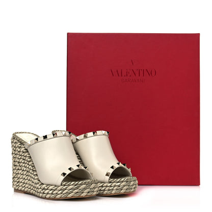 Valentino Garavani Calfskin Silk Rockstud Torchon Espadrille Wedge 25/115mm Slide Sandals 35 Light Ivory 11 of 11