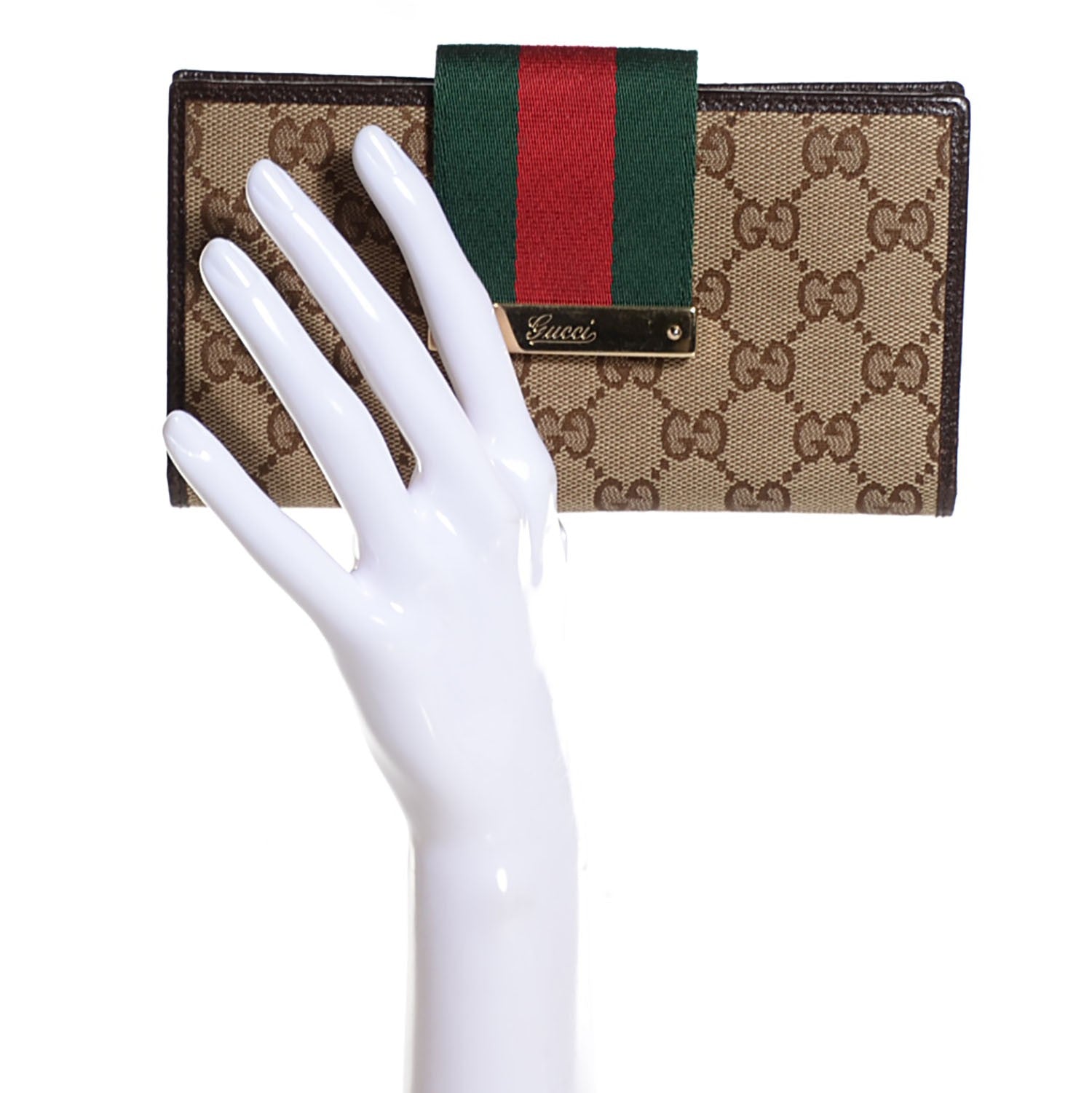 Gucci Monogram Calfskin Ladies Web Long Wallet Beige Ebony Cocoa 2 of 7