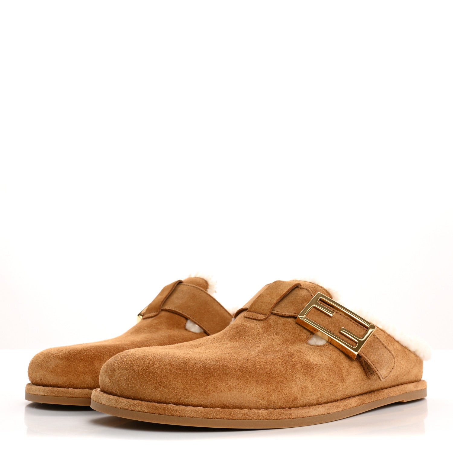 Fendi Suede Shearling Fendi Feel Buckled Clogs 38 Caramel Latte 4 of 8