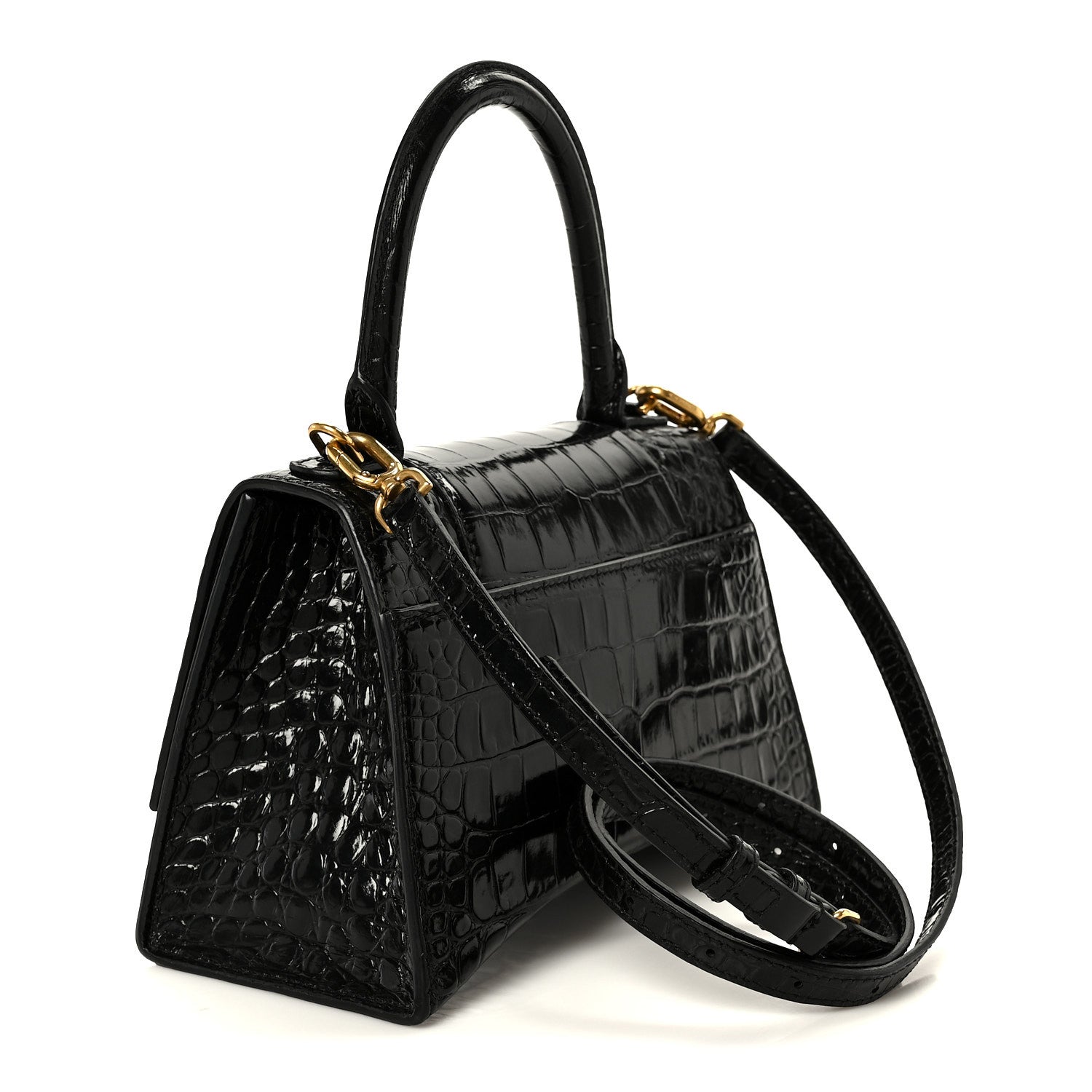Balenciaga Shiny Calfskin Crocodile Embossed Small Hourglass Top Handle Bag Black 3 of 11