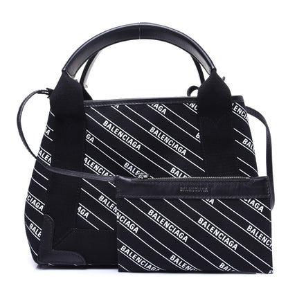Balenciaga Cotton Canvas Calfskin Logo Print Navy Cabas XS Black White 1 of 13