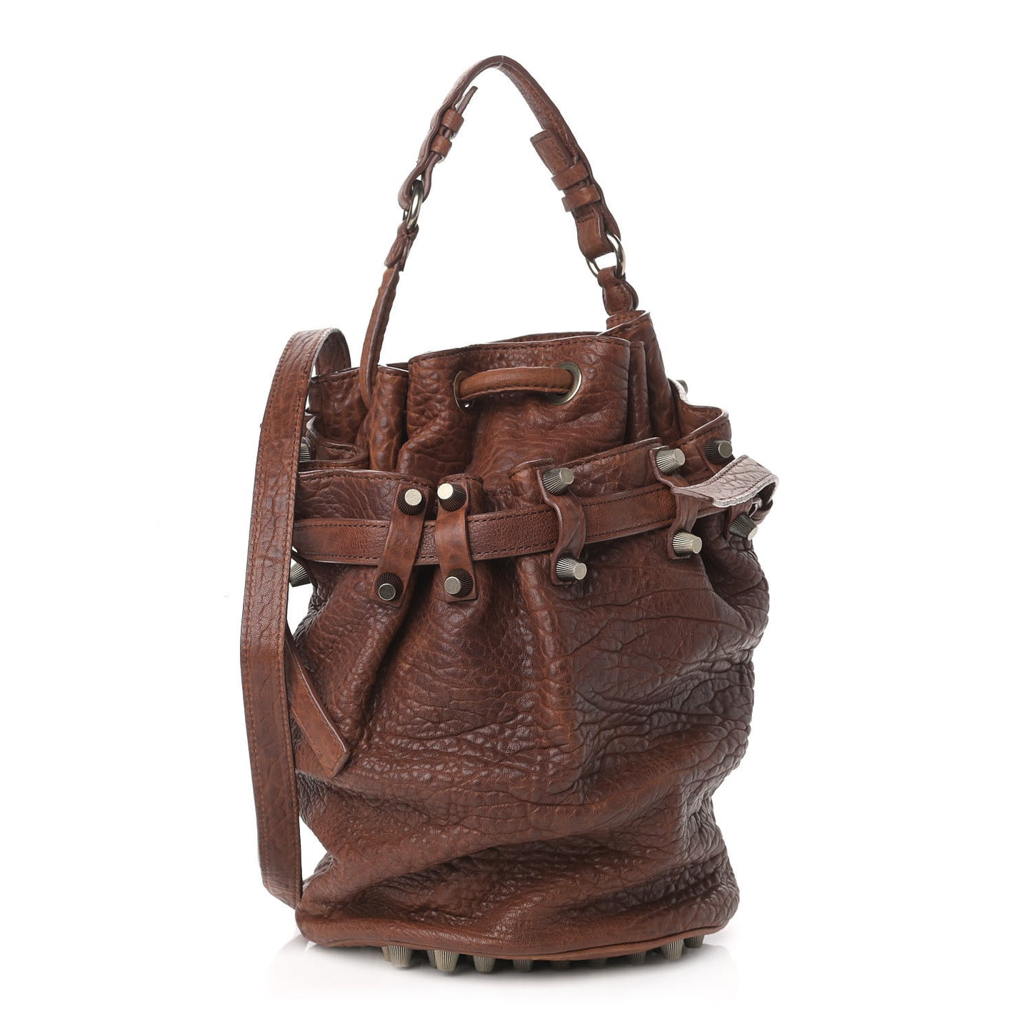 Pebbled Lambskin Diego Bucket Bag Brown Brass Hardware