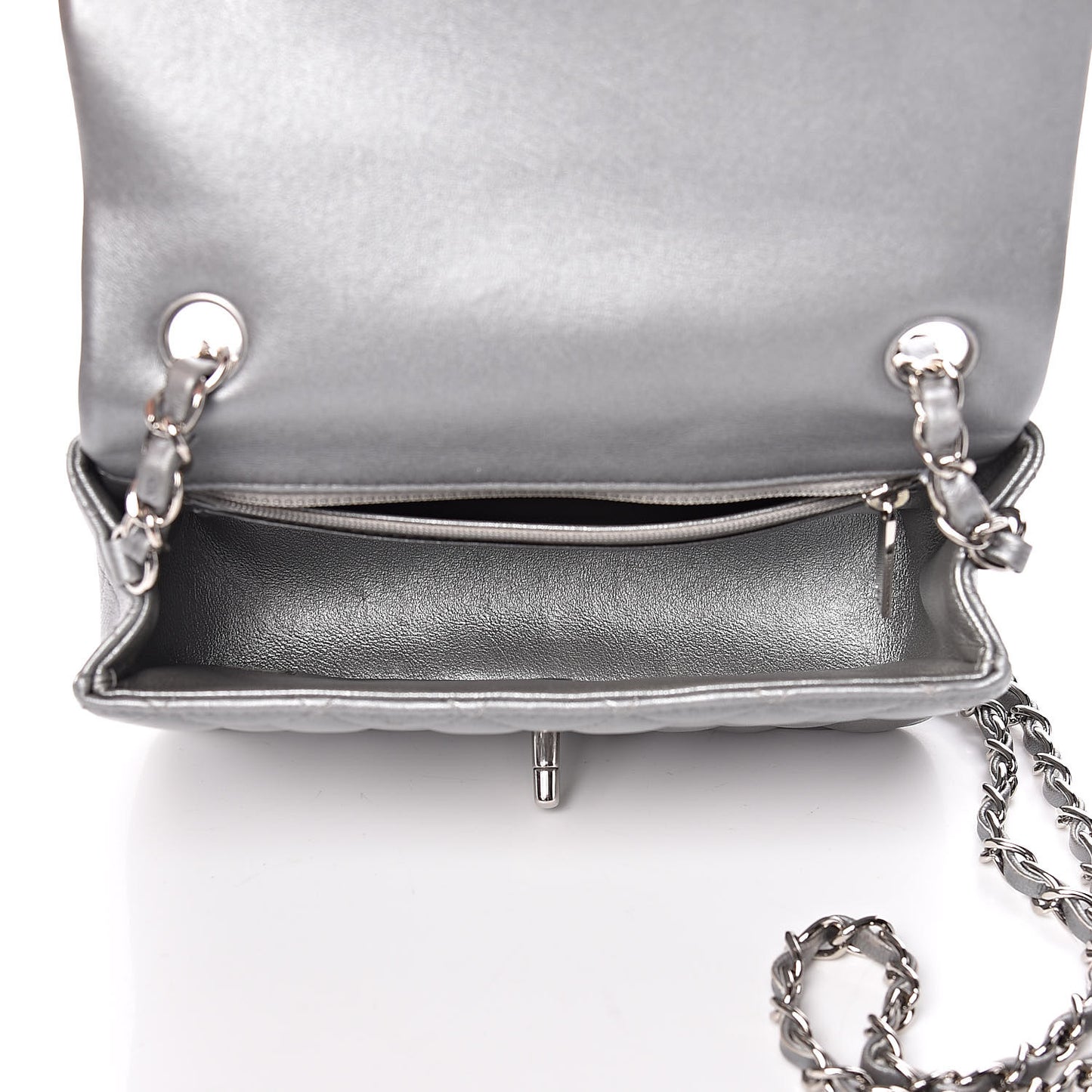 Metallic Lambskin Quilted Mini Rectangular Flap Silver