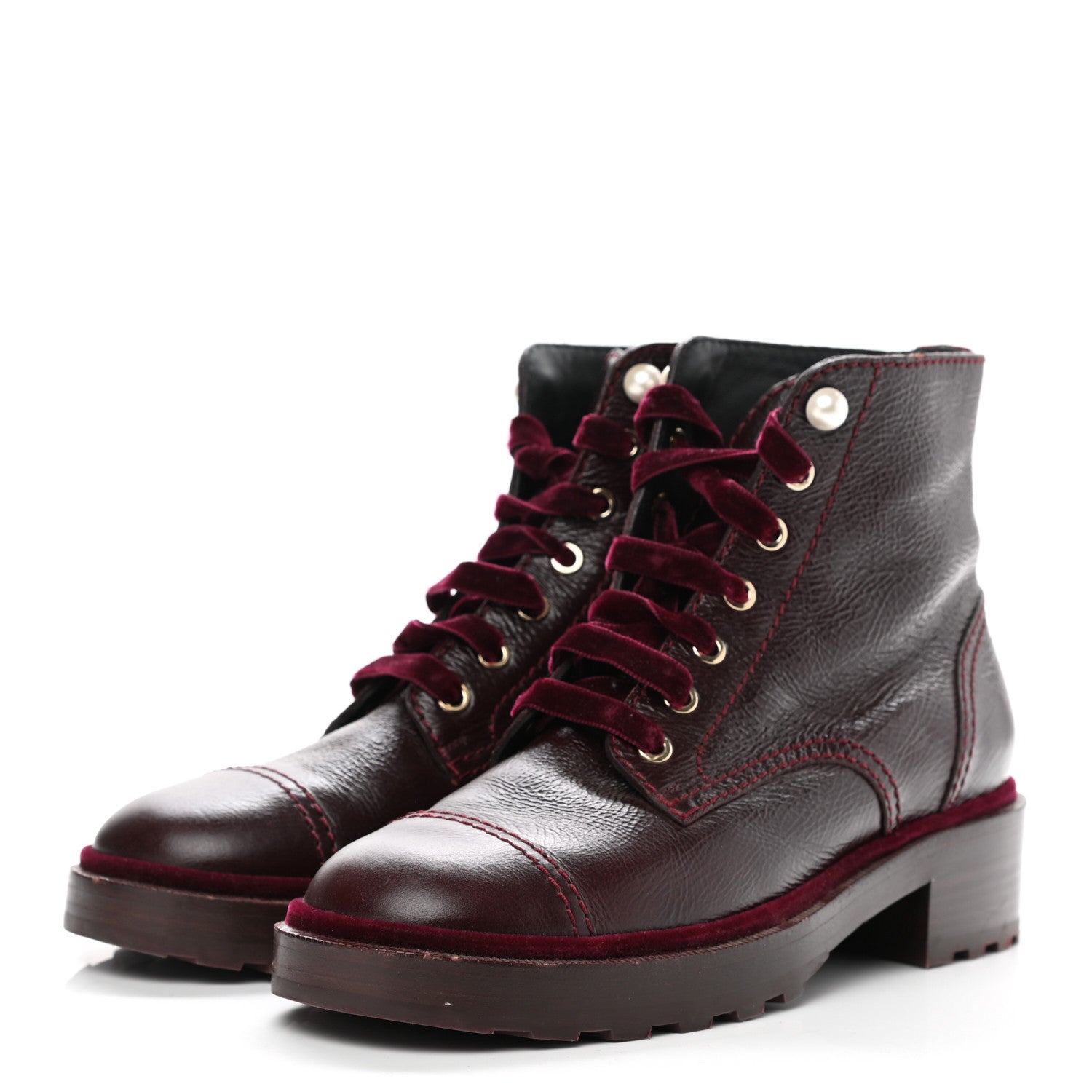 Chanel Calfskin Velvet Pearl Combat Short Boots 39.5 Burgundy 3 of 8