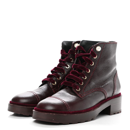 Chanel Calfskin Velvet Pearl Combat Short Boots 39.5 Burgundy 3 of 8