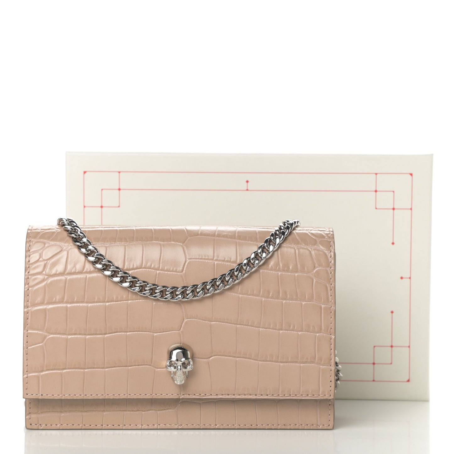 Calfskin Crocodile Embossed Skull Mini Crossbody Bag Beige