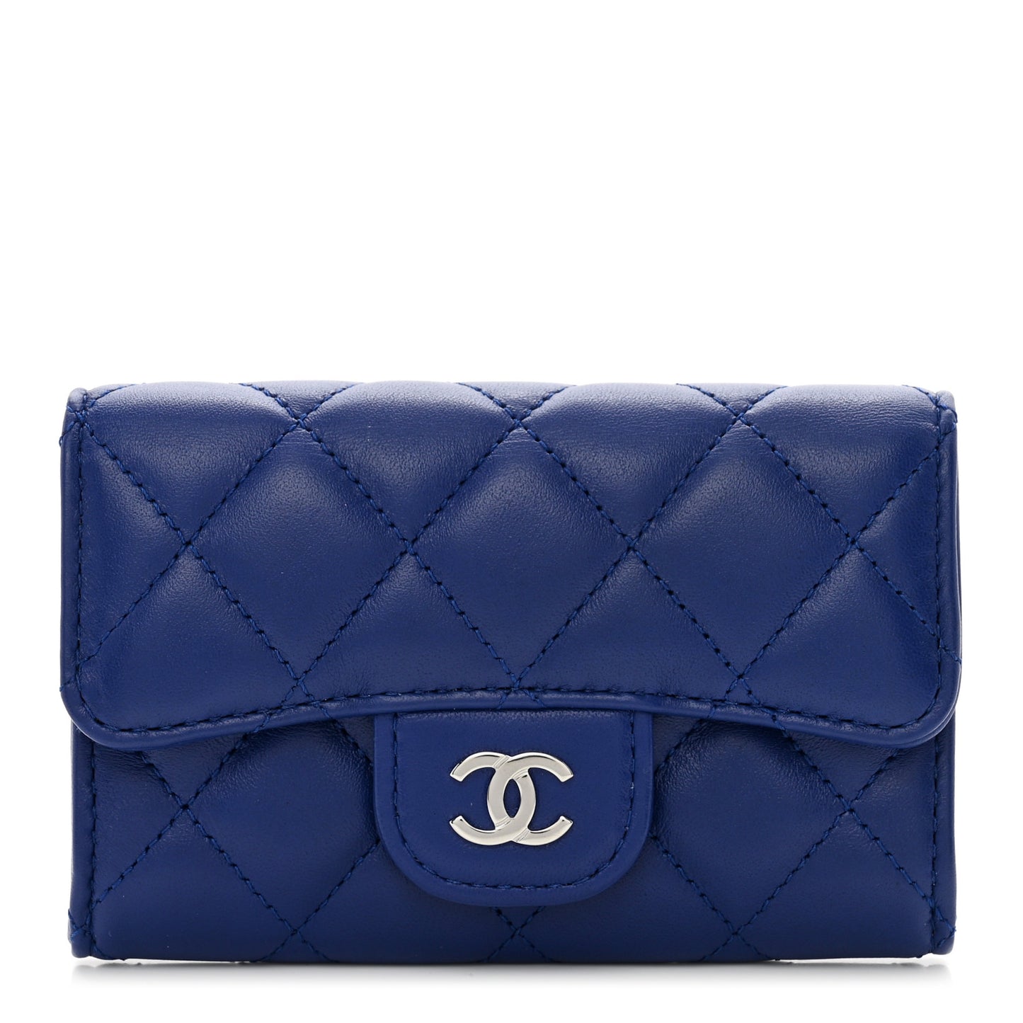 Lambskin Quilted Flap Card Holder Wallet Blue