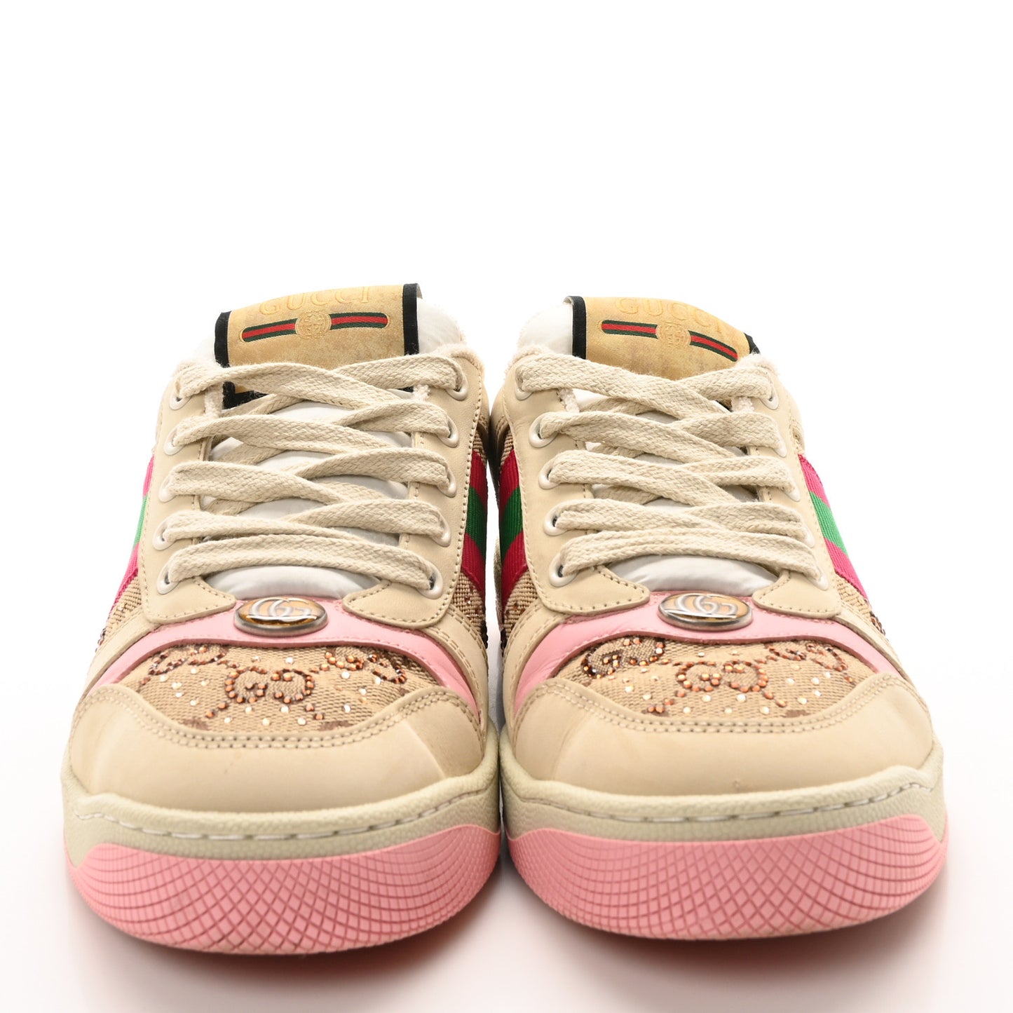 Calfskin GG Supreme Crystals Web Screener Sneakers  36 Camel Ebony Wild Rose