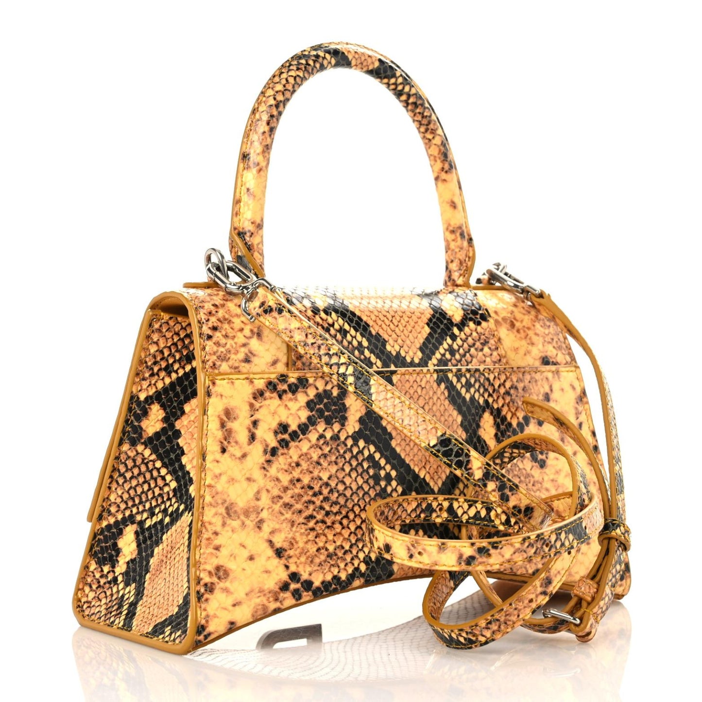 Shiny Calfskin Python Effect Small Hourglass Top Handle Bag Orange Black