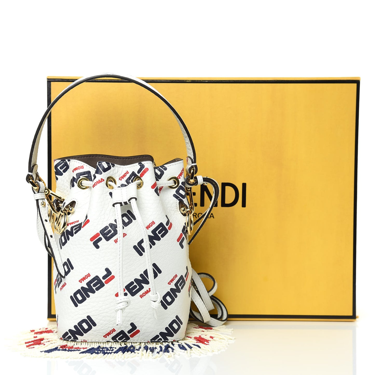 X FILA Calfskin F is Fendi Mania Fringe Mini Mon Tresor Bucket Bag White