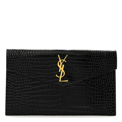 Saint Laurent Calfskin Crocodile Embossed Uptown Monogram Clutch Black 1 of 10